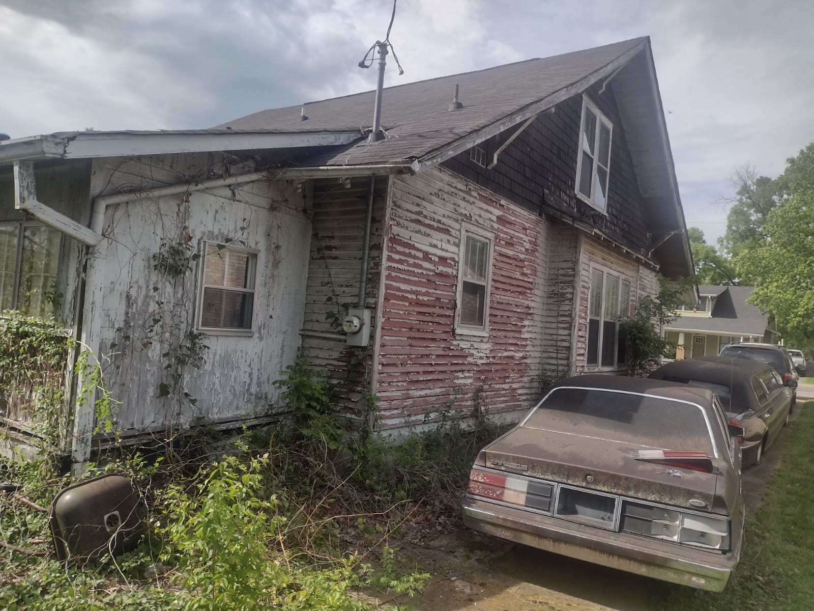 Before — severely deteriorated house exterior with peeling paint and overgrown vegetation